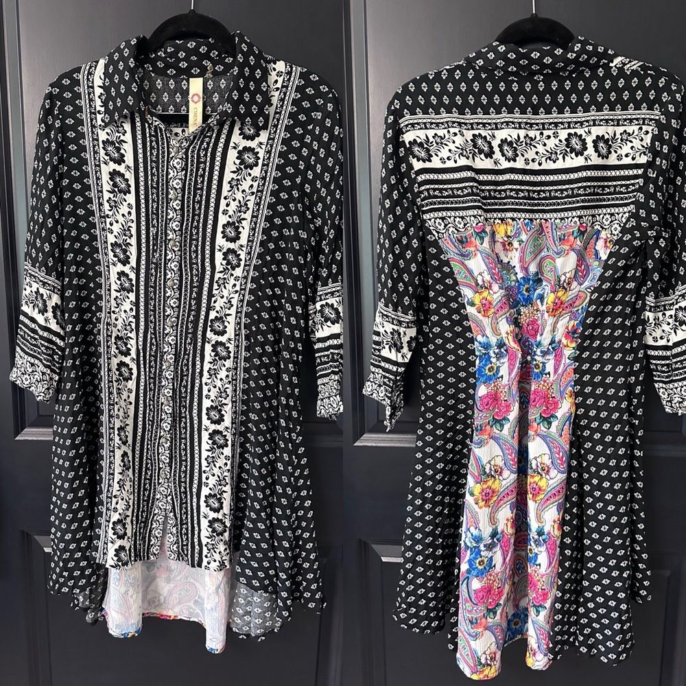ANTHROPOLOGIE CYRENA Black White Floral Paisley High Low Pleat Shirt Dress Boho